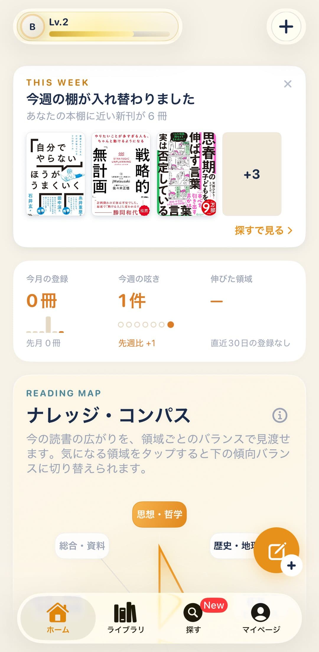 ホーム画面。今週の棚、今月と今週の記録、ナレッジ・コンパス