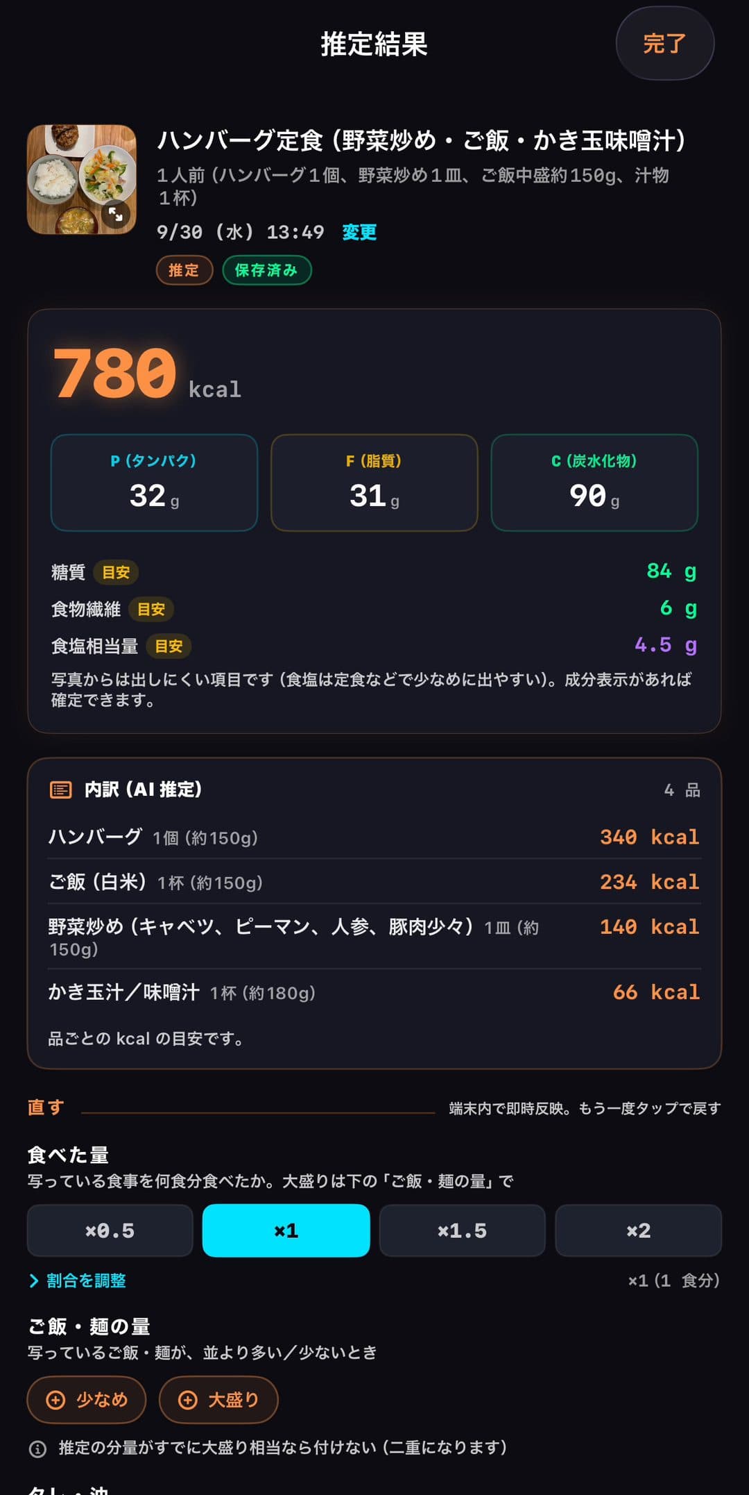 食事の記録 — 写真から推定した kcal と PFC の目安、品ごとの内訳