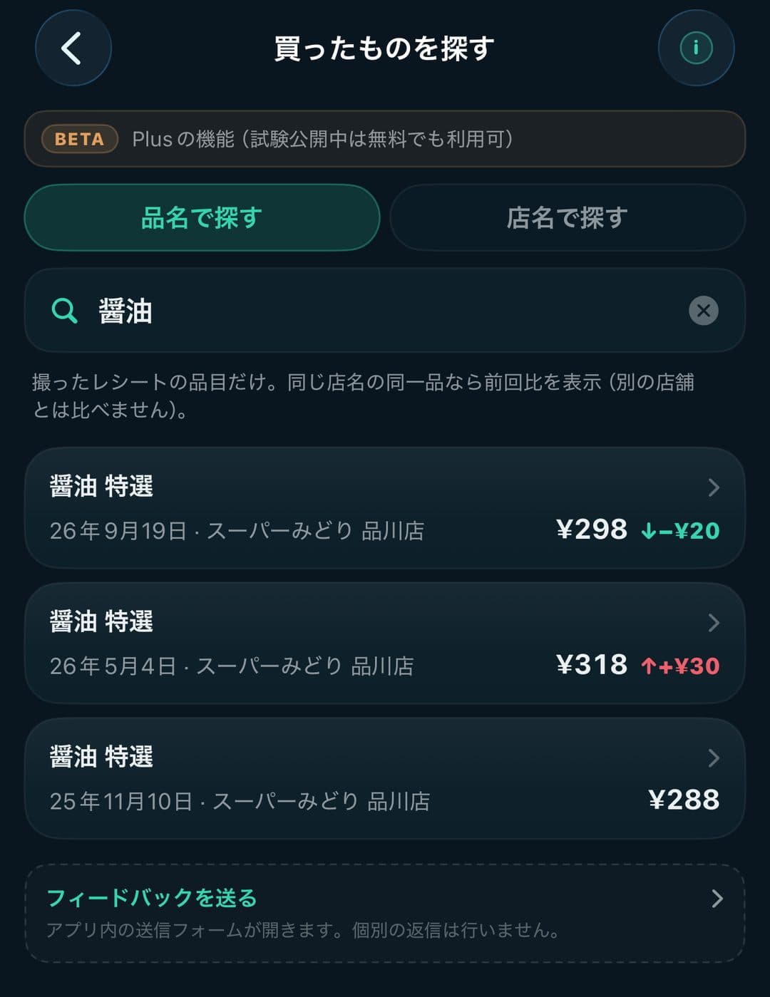 「買ったものを探す」の検索結果 — 「醤油」で検索すると、買った日・お店・金額と、同じお店での前回との差額が並ぶ